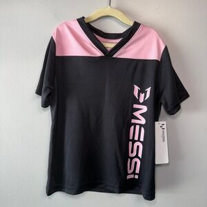 Messi Kids Soccer Jersey Black Pink V-Neck Graphic Shirt Size X-Small 4/5 NWT
